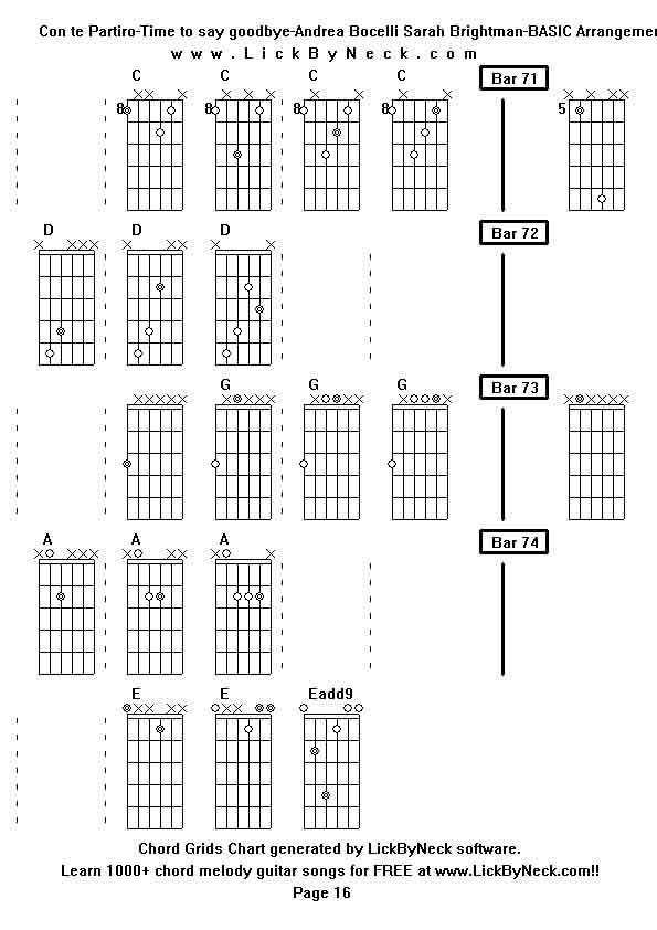 Chord Grids Chart of chord melody fingerstyle guitar song-Con te Partiro-Time to say goodbye-Andrea Bocelli Sarah Brightman-BASIC Arrangement,generated by LickByNeck software.